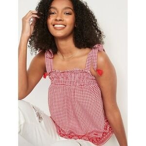 Old Navy Red Gingham Top 2X Picnic Smocked Milkmaid Casual Embroidered Cottage